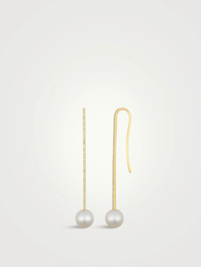 14K Gold Ball Pearl Drop Earrings With Diamonds