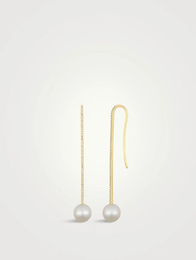 14K Gold Ball Pearl Drop Earrings With Diamonds