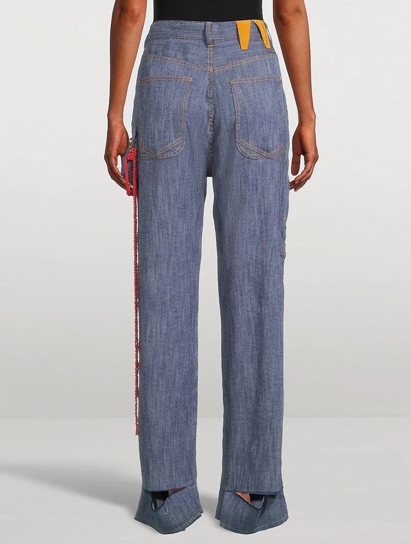 Lisa Wide-Leg Carpenter Jeans with Beaded Chain