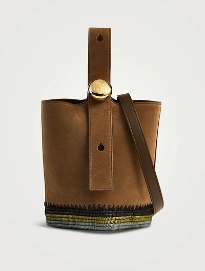 Mini Pebble Raffia-Trimmed Leather Bucket Bag