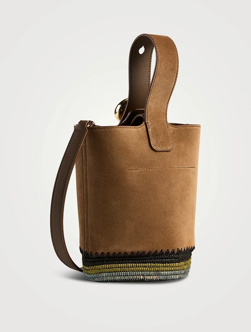 Mini Pebble Raffia-Trimmed Leather Bucket Bag