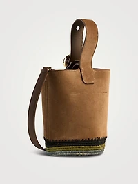 Mini Pebble Raffia-Trimmed Leather Bucket Bag
