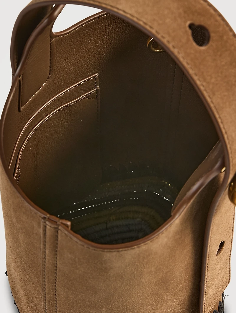 Mini Pebble Raffia-Trimmed Leather Bucket Bag