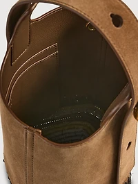 Mini Pebble Raffia-Trimmed Leather Bucket Bag
