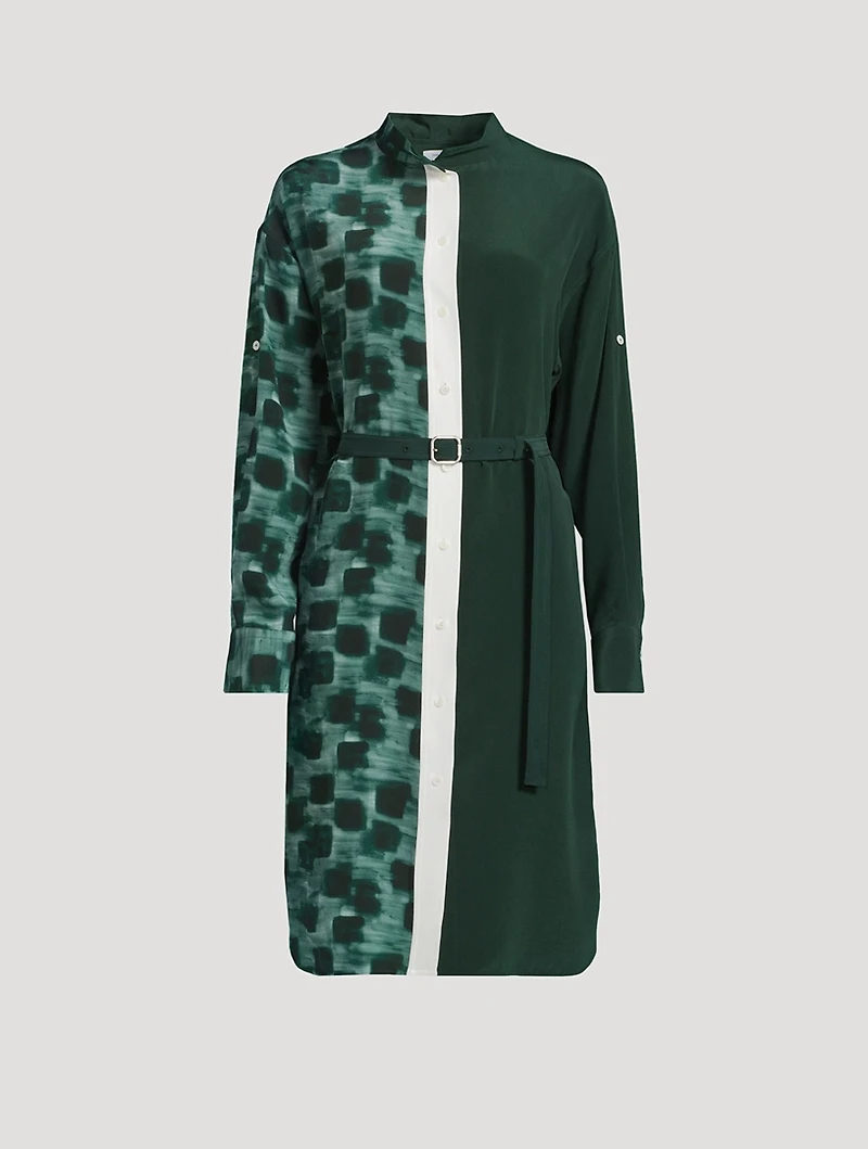 Mixed-Print Silk Shirt Dress