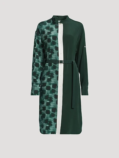 Mixed-Print Silk Shirt Dress