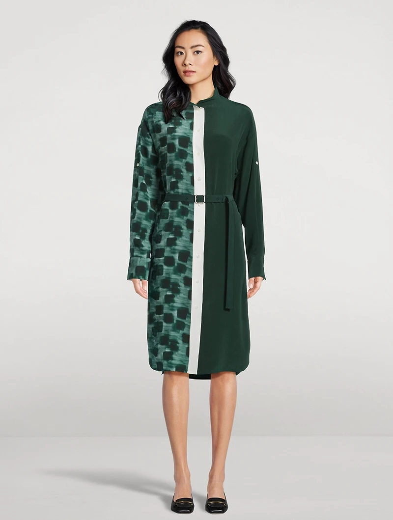 Mixed-Print Silk Shirt Dress