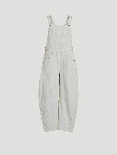 Good Luck Barrel-Leg Denim Overalls Stripe Print