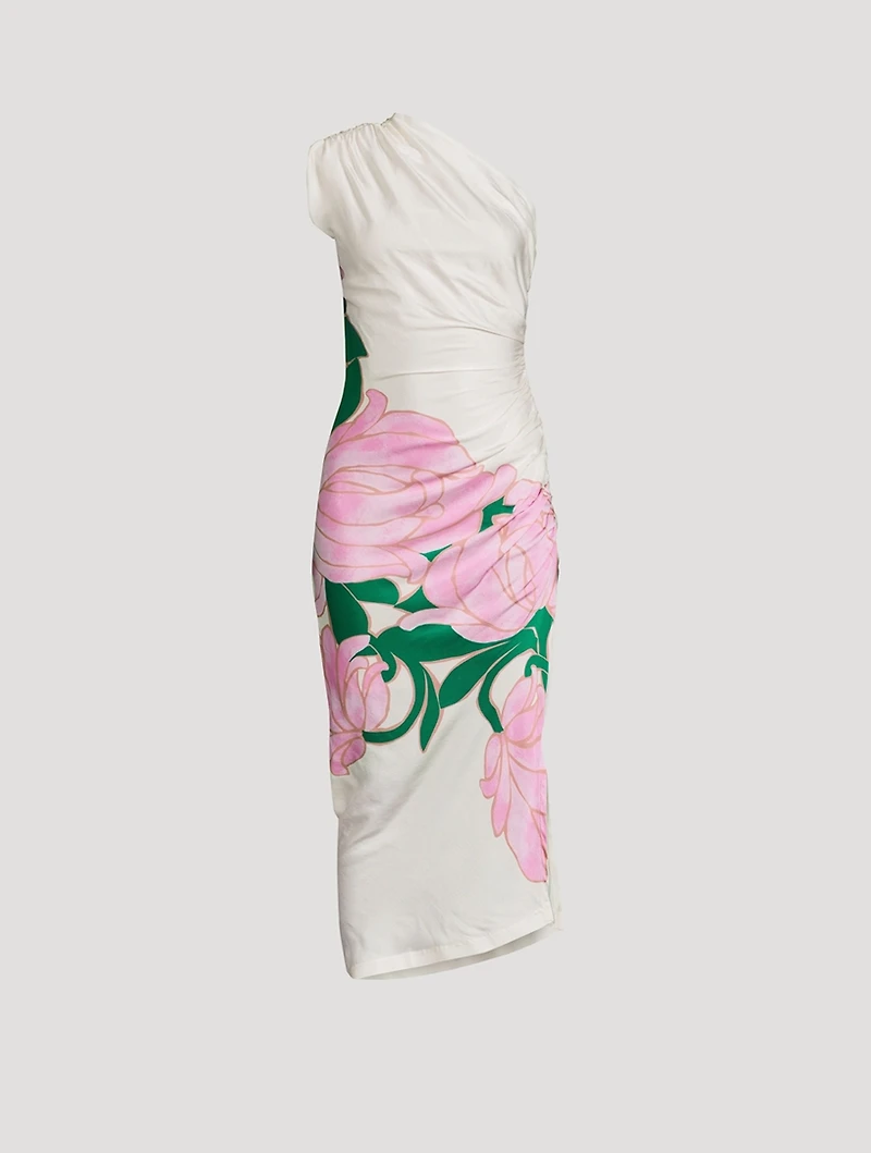 One-Shoulder Satin Dress Floral Print
