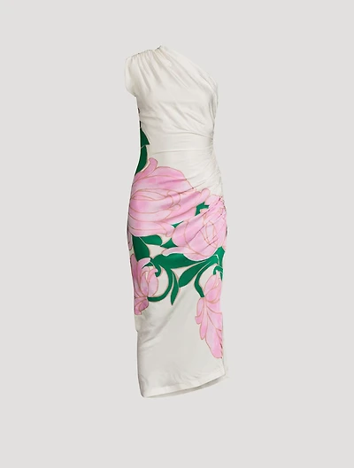One-Shoulder Satin Dress Floral Print