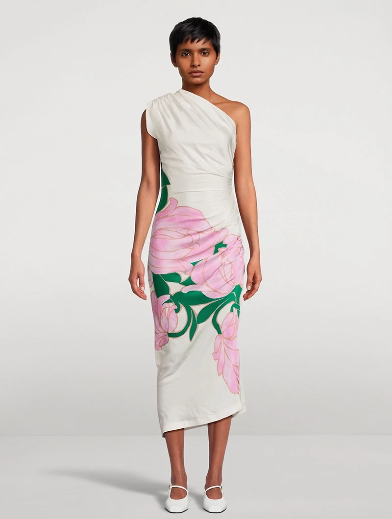 One-Shoulder Satin Dress Floral Print