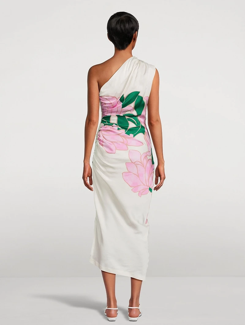 One-Shoulder Satin Dress Floral Print