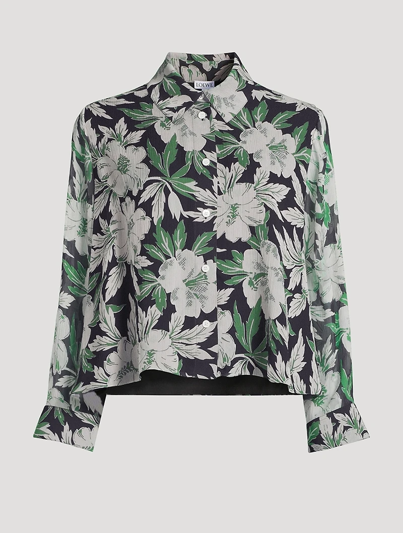 Silk Long-Sleeve Shirt Hibiscus Floral Print