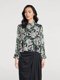 Silk Long-Sleeve Shirt Hibiscus Floral Print