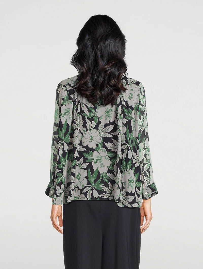Silk Long-Sleeve Shirt Hibiscus Floral Print