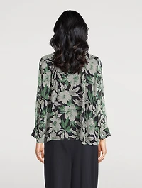 Silk Long-Sleeve Shirt Hibiscus Floral Print