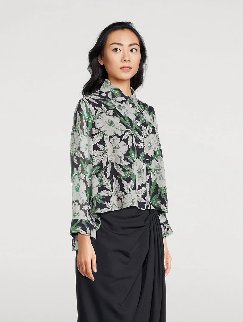 Silk Long-Sleeve Shirt Hibiscus Floral Print