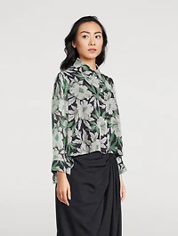 Silk Long-Sleeve Shirt Hibiscus Floral Print