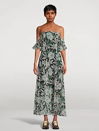 Silk Midi Dress Hibiscus Floral Print