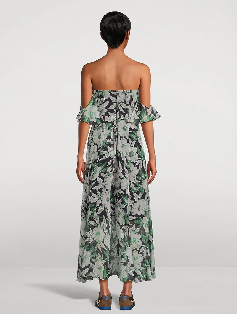 Silk Midi Dress Hibiscus Floral Print
