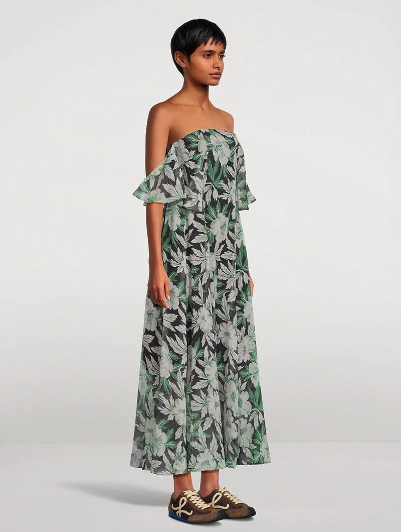 Silk Midi Dress Hibiscus Floral Print