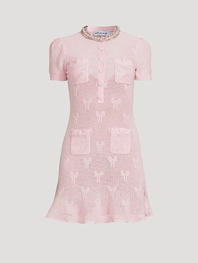 Bow Jacquard Crochet Mini Dress