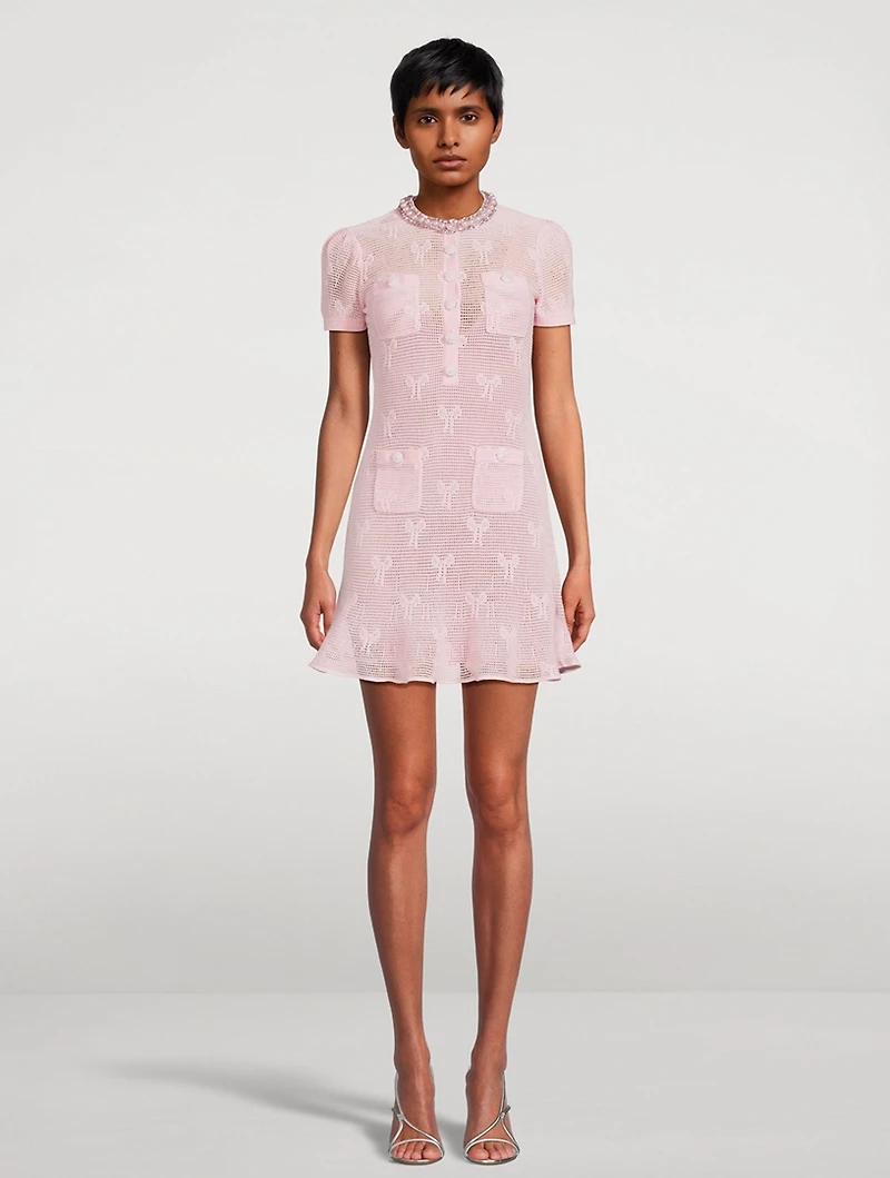 Bow Jacquard Crochet Mini Dress
