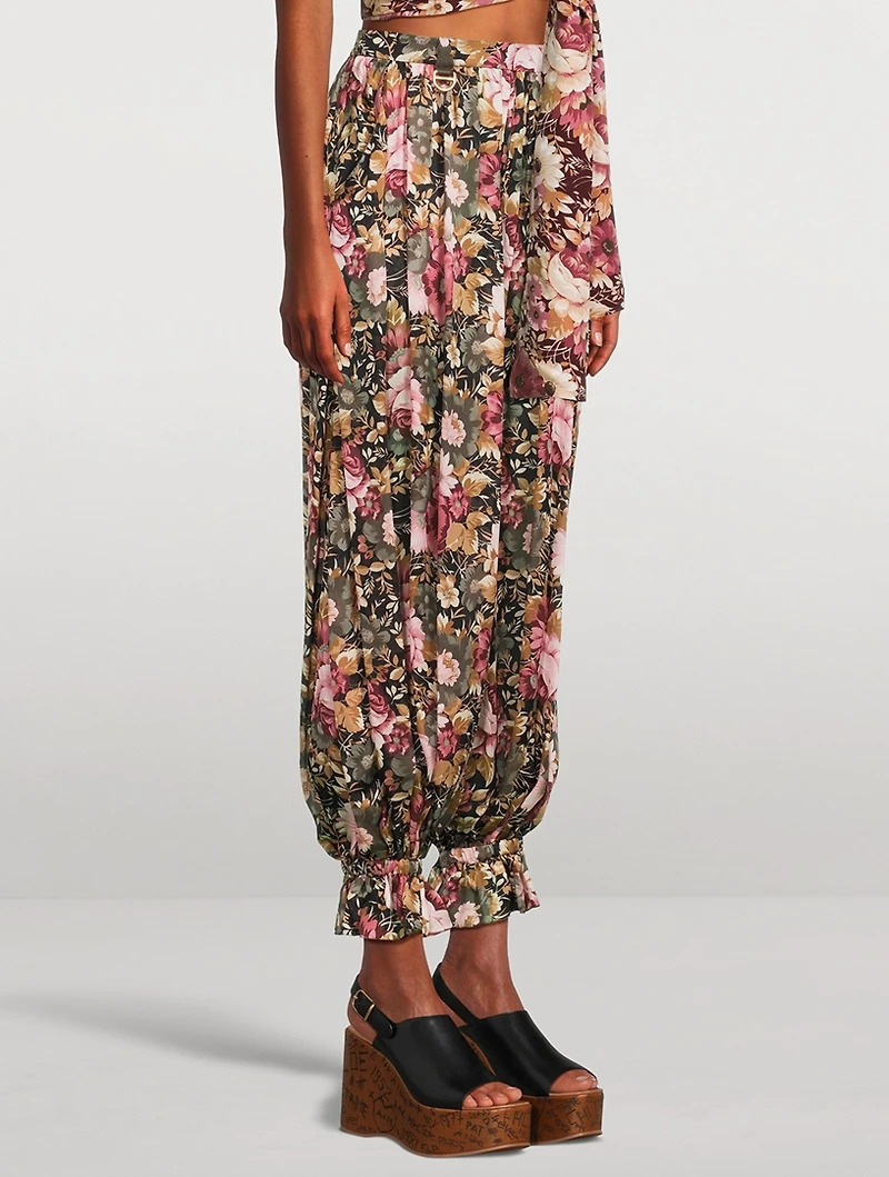Silk Charmeuse Trousers Roses Print