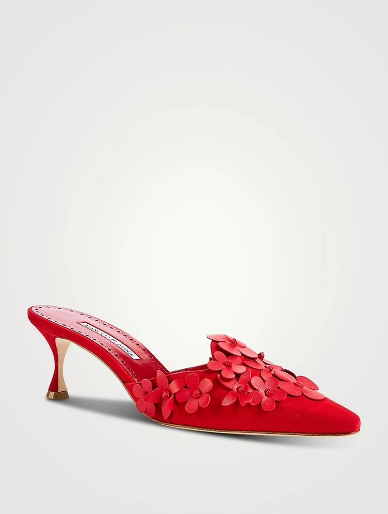 Harnes Floral-Appliqué Suede Mules