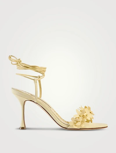 Anista Floral-Appliqué Leather Ankle-Tie Sandals