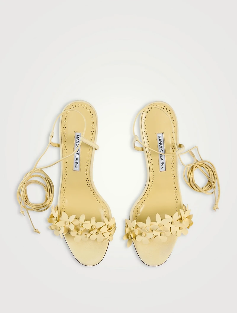 Anista Floral-Appliqué Leather Ankle-Tie Sandals