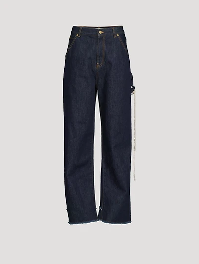 Lisa Wide-Leg Carpenter Jeans with Pearl Wallet Chain