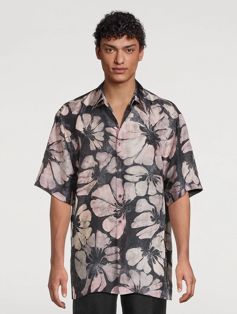 Silk Short-Sleeve Shirt Suminagashi Flower Print