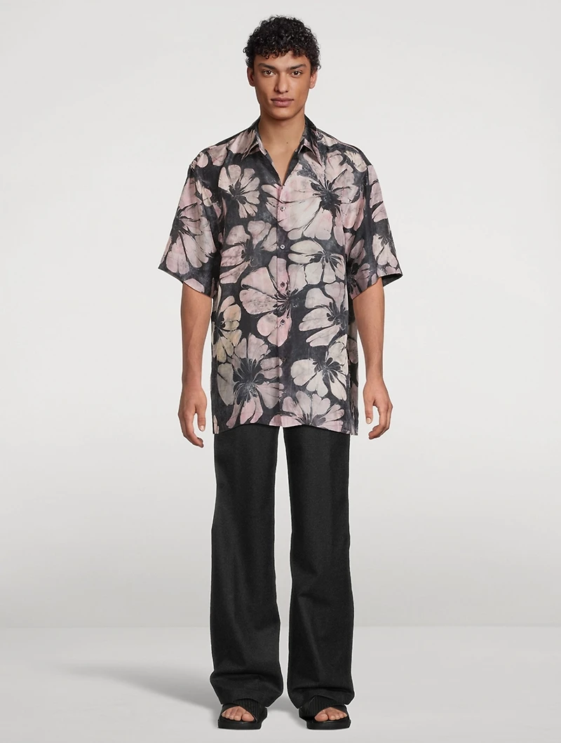 Silk Short-Sleeve Shirt Suminagashi Flower Print