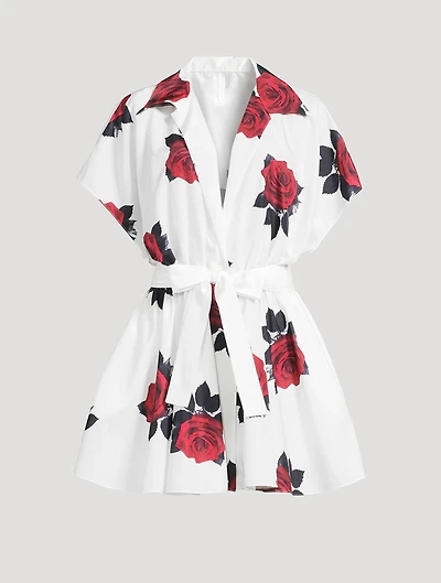 Belted Habotai Shirt Dress Rose Print