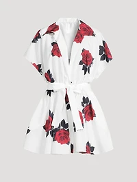 Belted Habotai Shirt Dress Rose Print