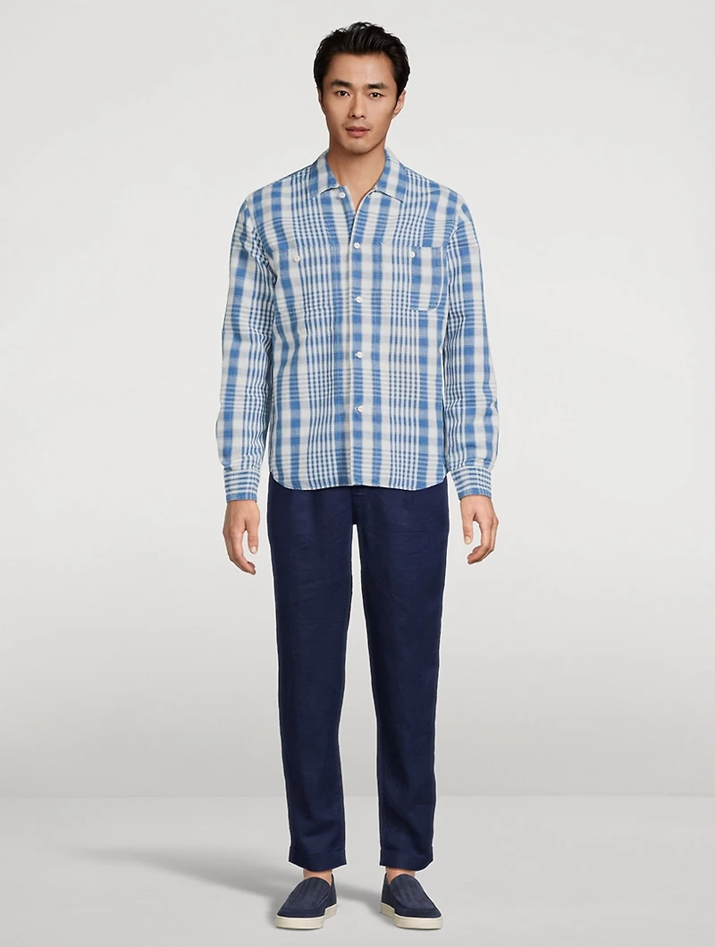 Linen And Cotton Sport Shirt Plaid Print
