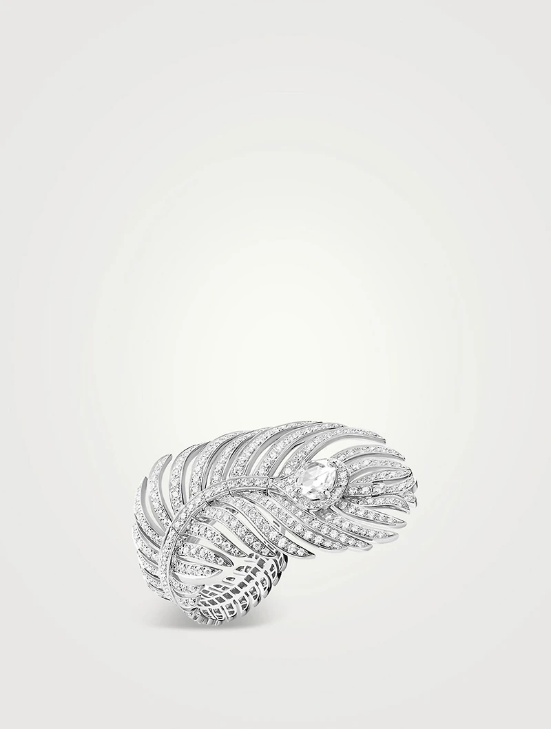 Large Plume De Paon White Gold Ring With Diamonds