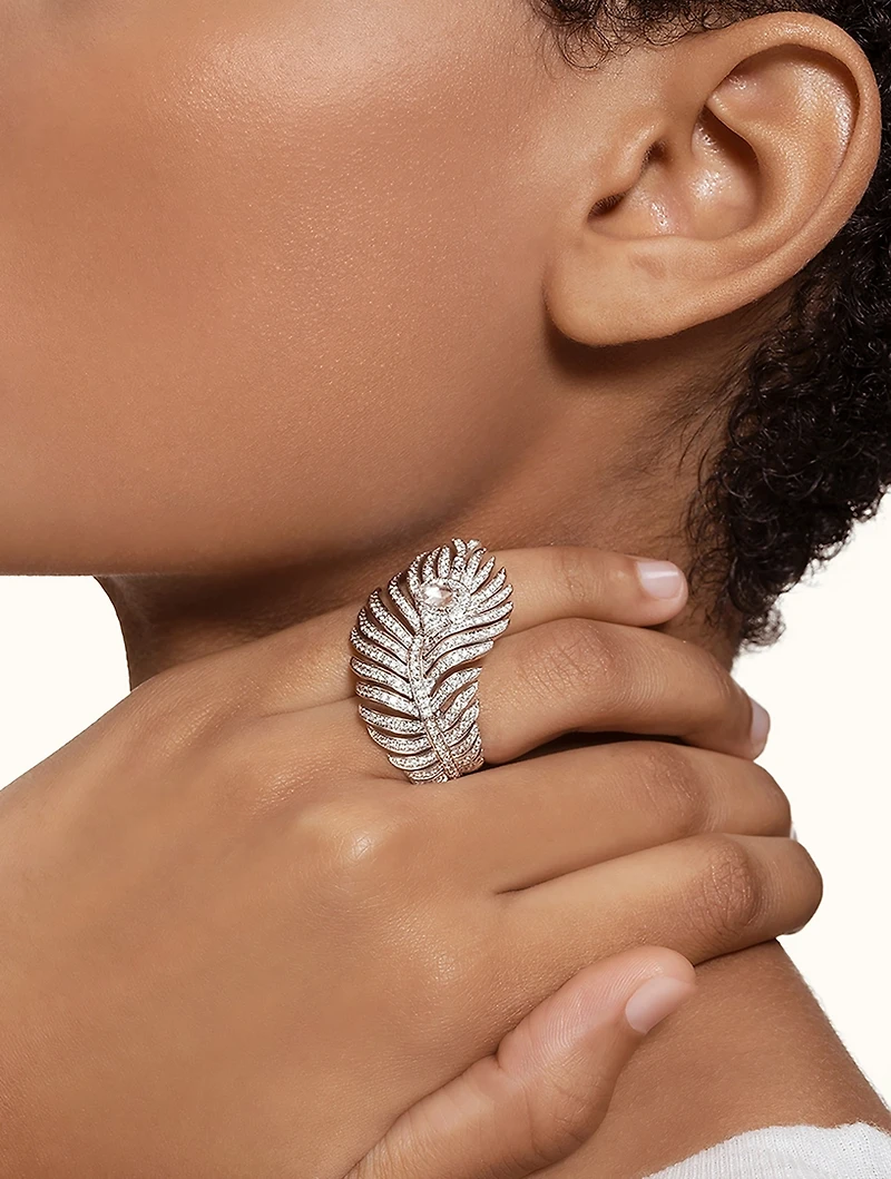 Large Plume De Paon White Gold Ring With Diamonds
