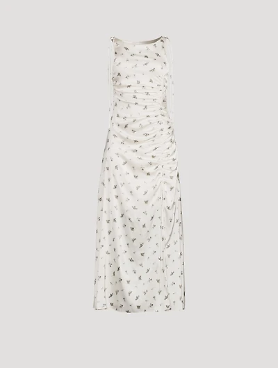 Gathered Satin Maxi Dress Floral Print