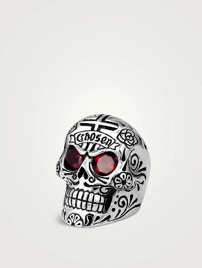 Large Silver Skull Ring With Garnet Eyes