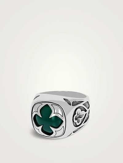 Silver Green Onyx Cutout MB Cross Stone Ring
