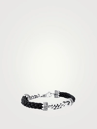Double Silver Chain And Leather Lanyard Bracelet