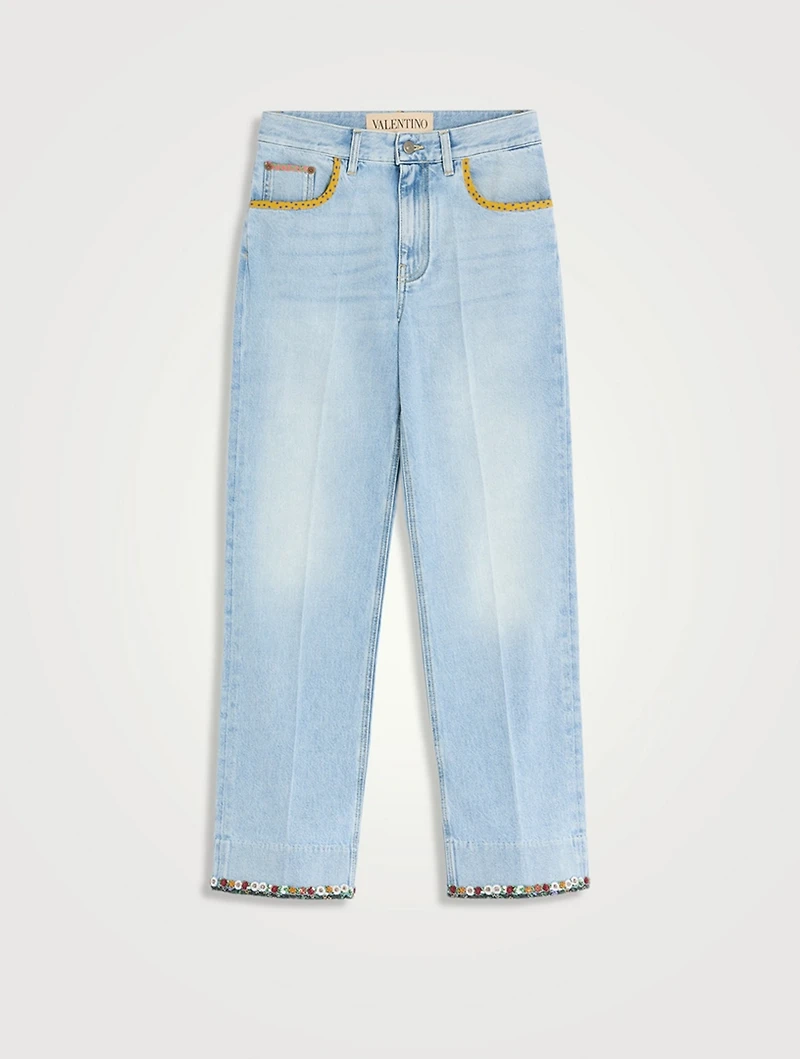 Floral-Embroidered Straight-Leg Jeans