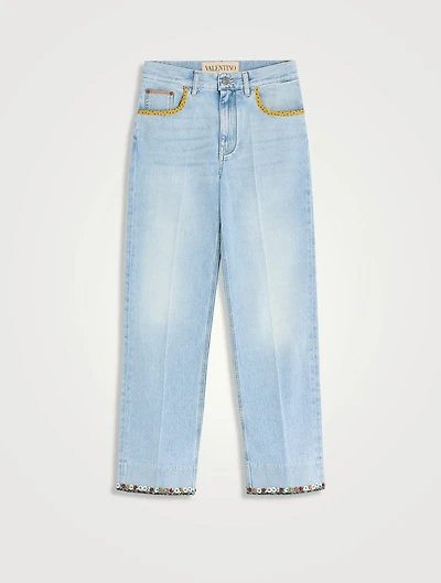 Floral-Embroidered Straight-Leg Jeans