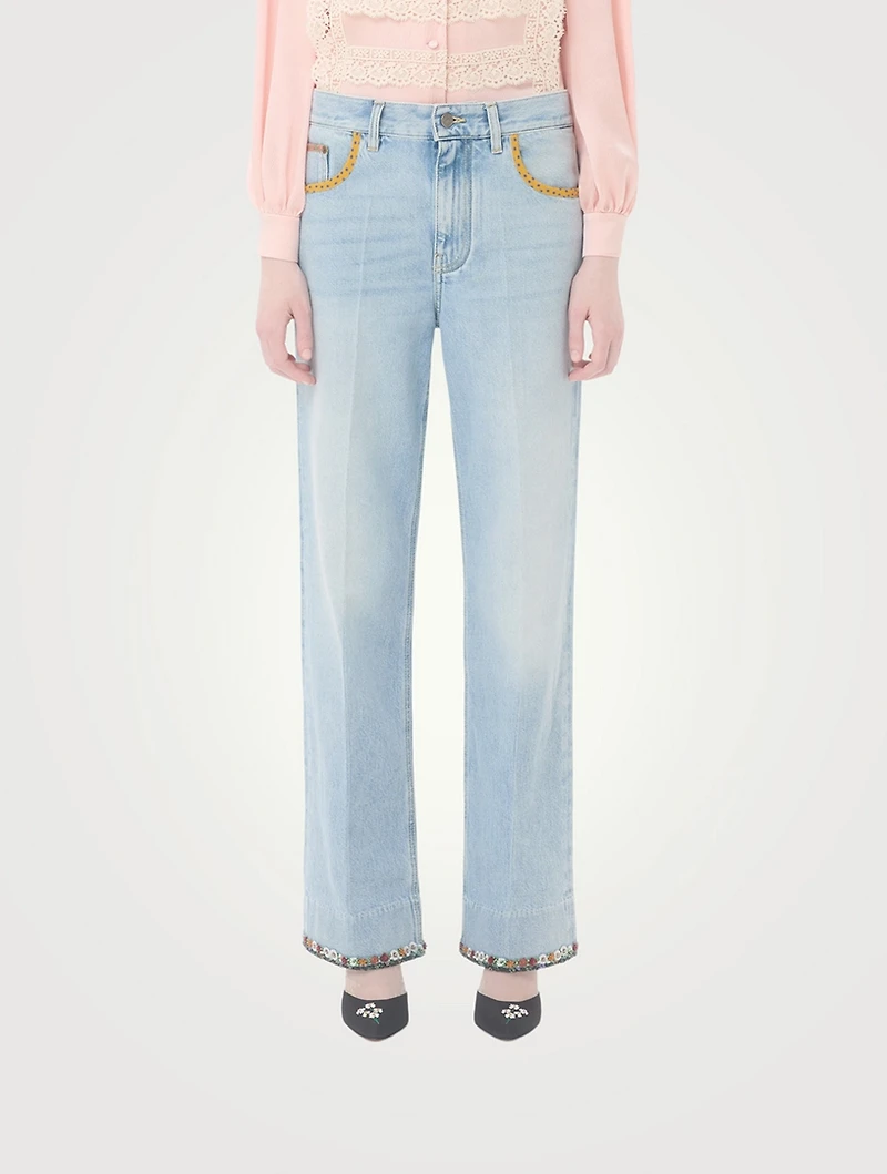Floral-Embroidered Straight-Leg Jeans