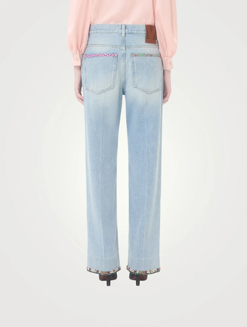 Floral-Embroidered Straight-Leg Jeans