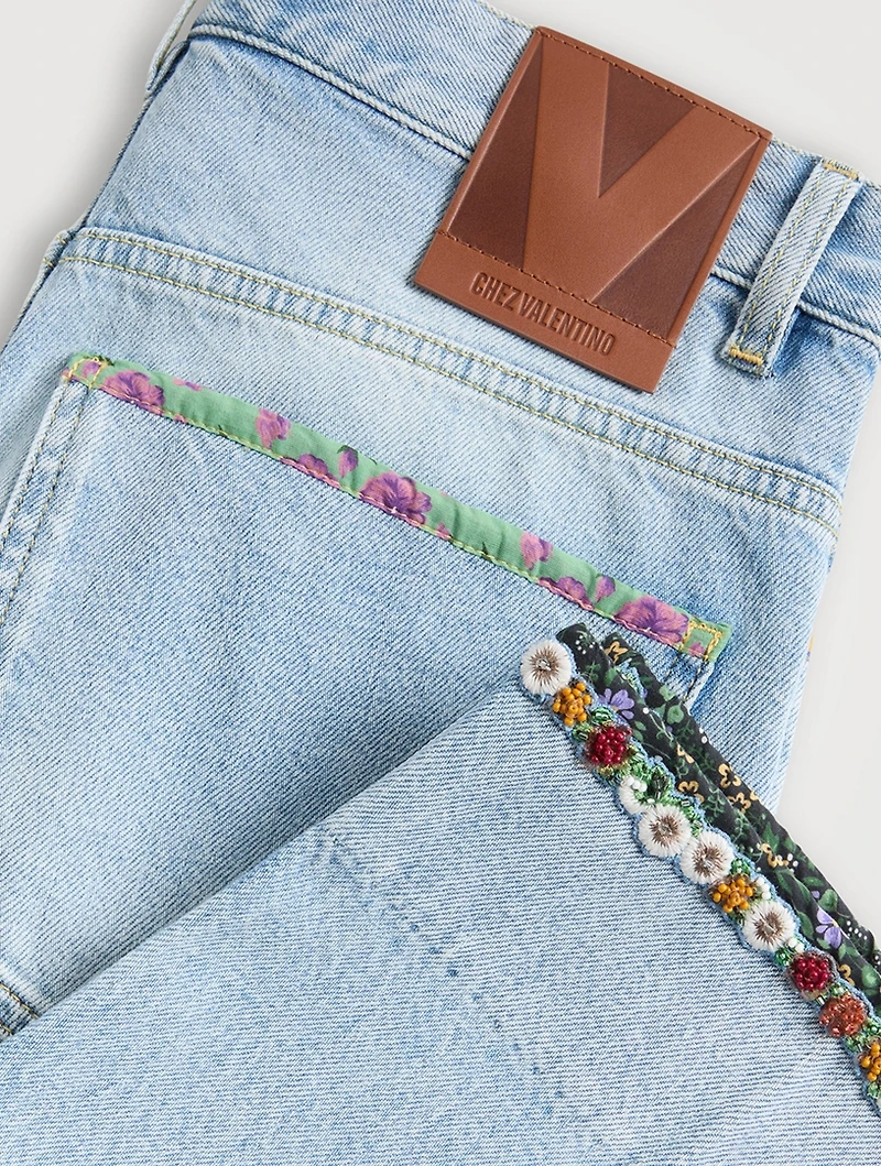 Floral-Embroidered Straight-Leg Jeans