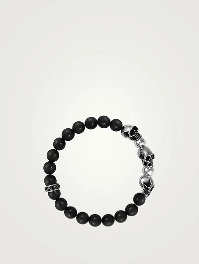 Onyx Beaded Bracelet With Silver Skull