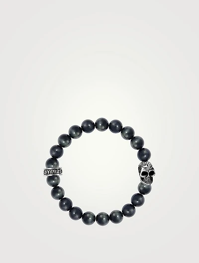 Blue Tiger Eye Beaded Bracelet With Silver Day Of The Dead Skull